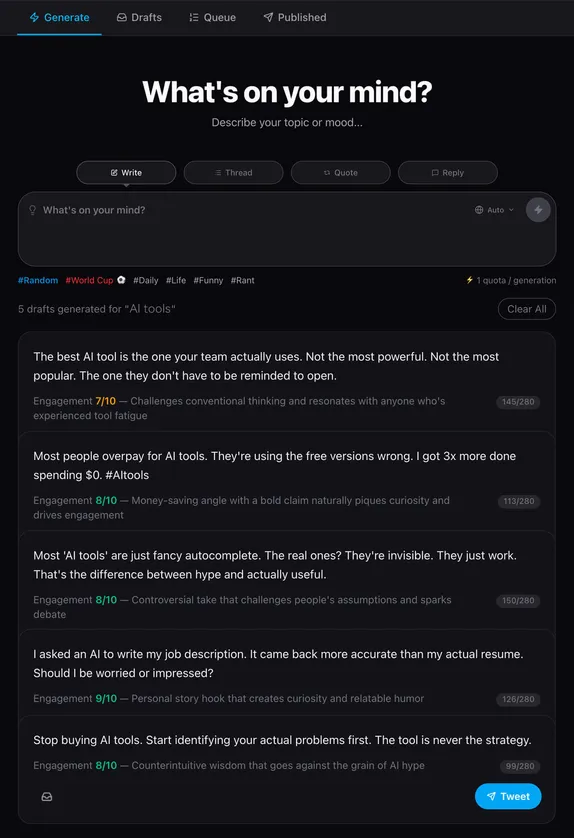 TwitFlow Write mode turning the topic AI tools into five scored tweet drafts