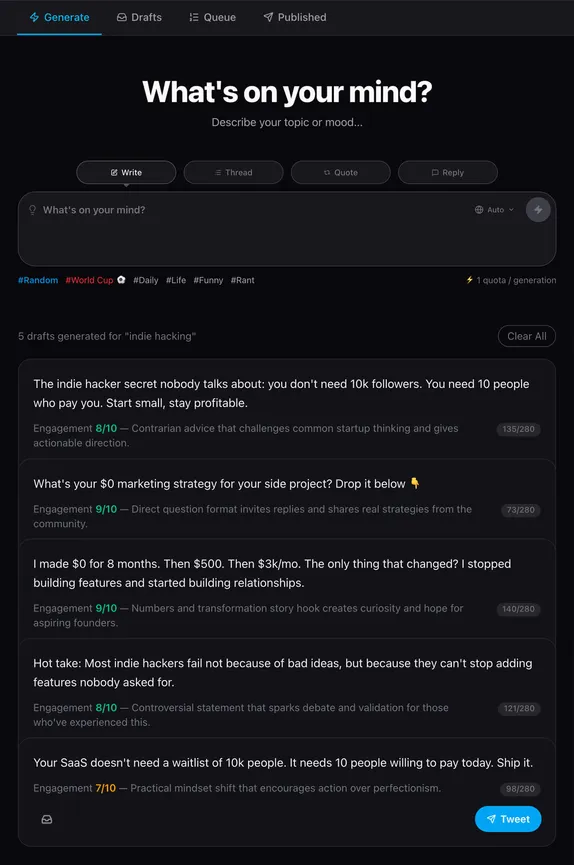 TwitFlow Write mode turning the topic indie hacking into five scored tweet drafts