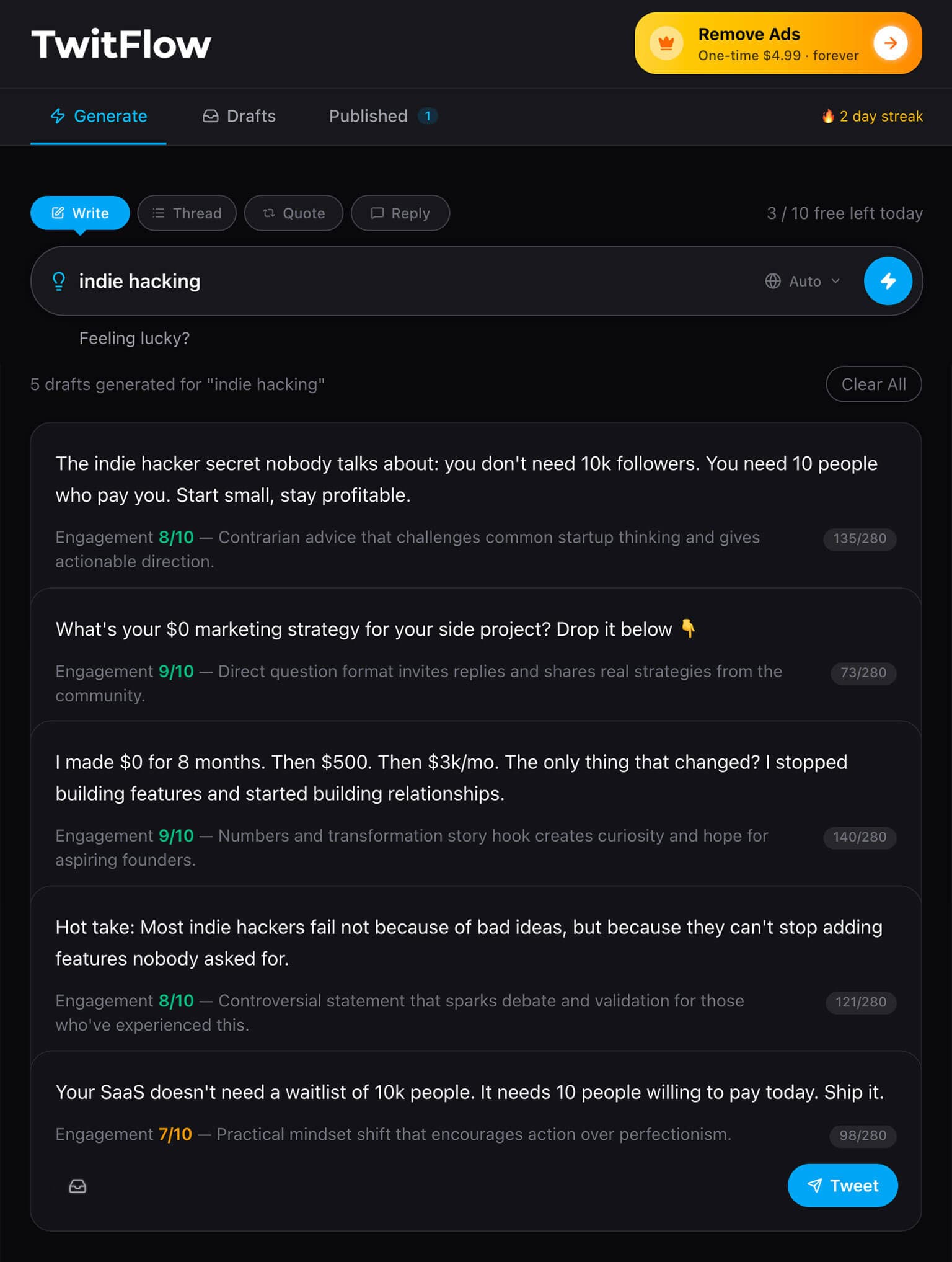 TwitFlow generating 5 tweet drafts for the topic ‘indie hacking’ — each with an engagement score